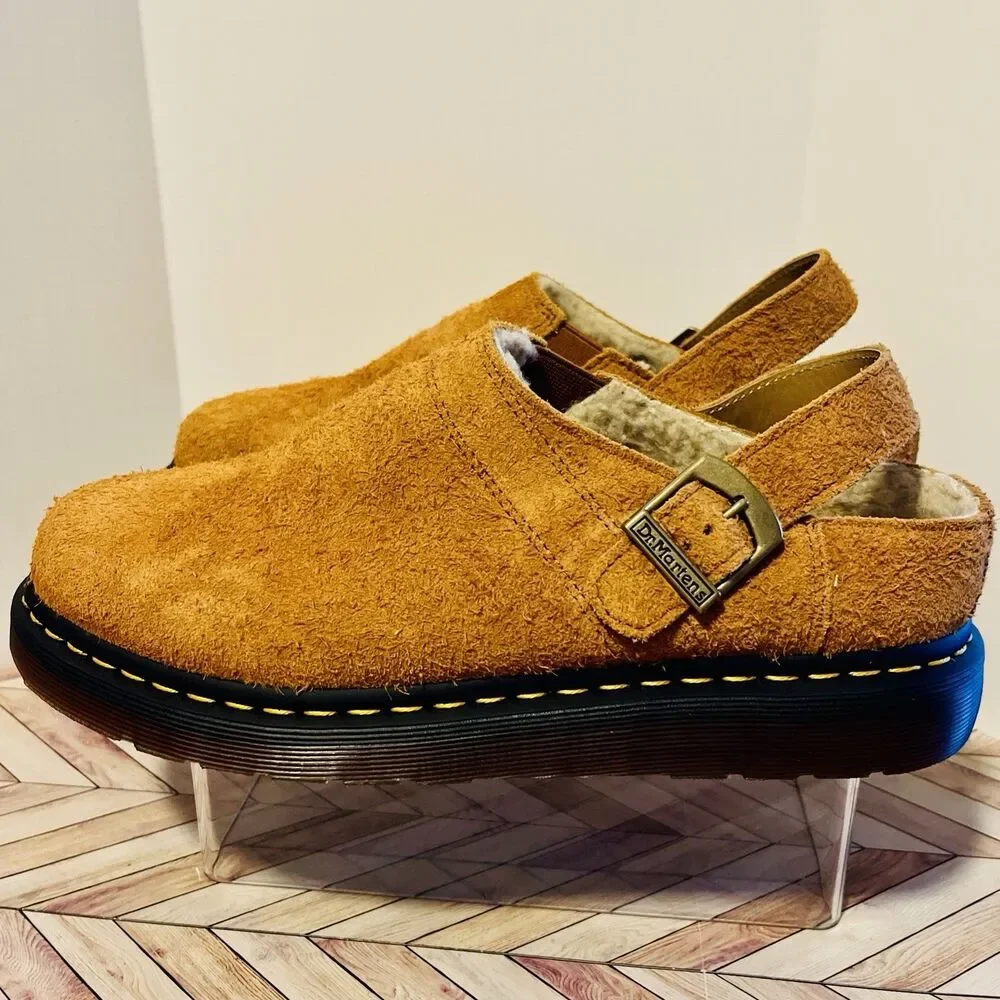 Dr Martens Isham Faux Shearling Suede Slingback Mule M 11 L 12 Pecan Brown Hairy
